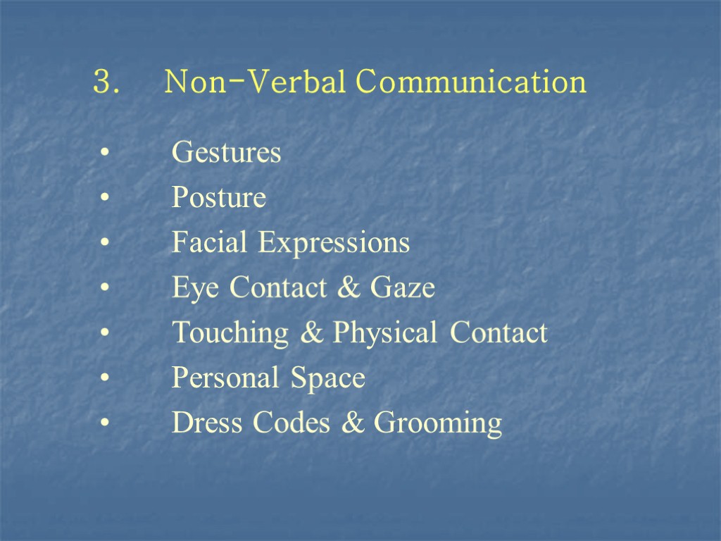 3. Non-Verbal Communication Gestures Posture Facial Expressions Eye Contact & Gaze Touching & Physical
